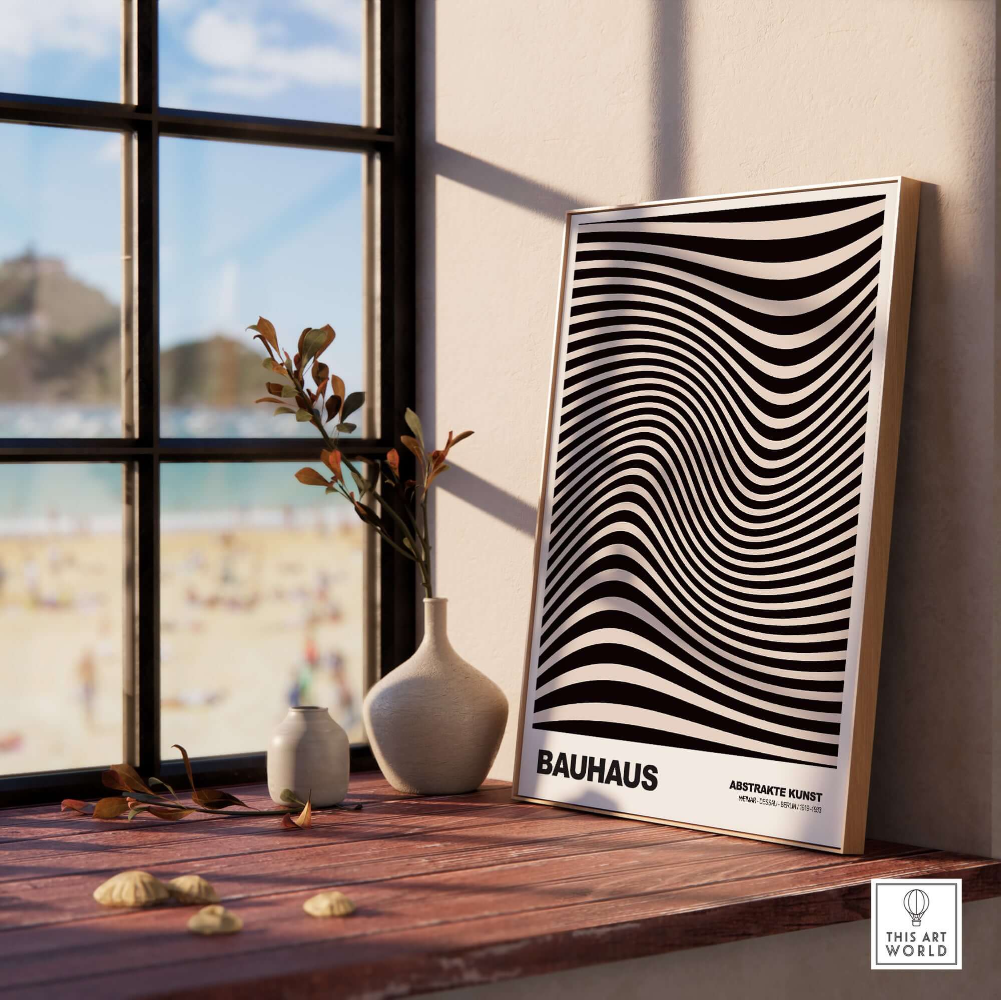 Bauhaus Exhibition Prints -  Optical Wave Lines Art Print Black Cream Abstract displayed on a windowsill with beach view.