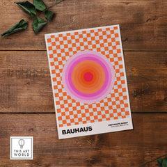 Bauhaus Exhibition Prints - Pink Circles Poster Orange Checkerboard Art with concentric circles and checkerboard background.