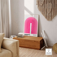 Bauhaus Exhibition Prints - Concentric Pink Arch Poster Minimalist Geometric Art displayed in a modern interior setting.