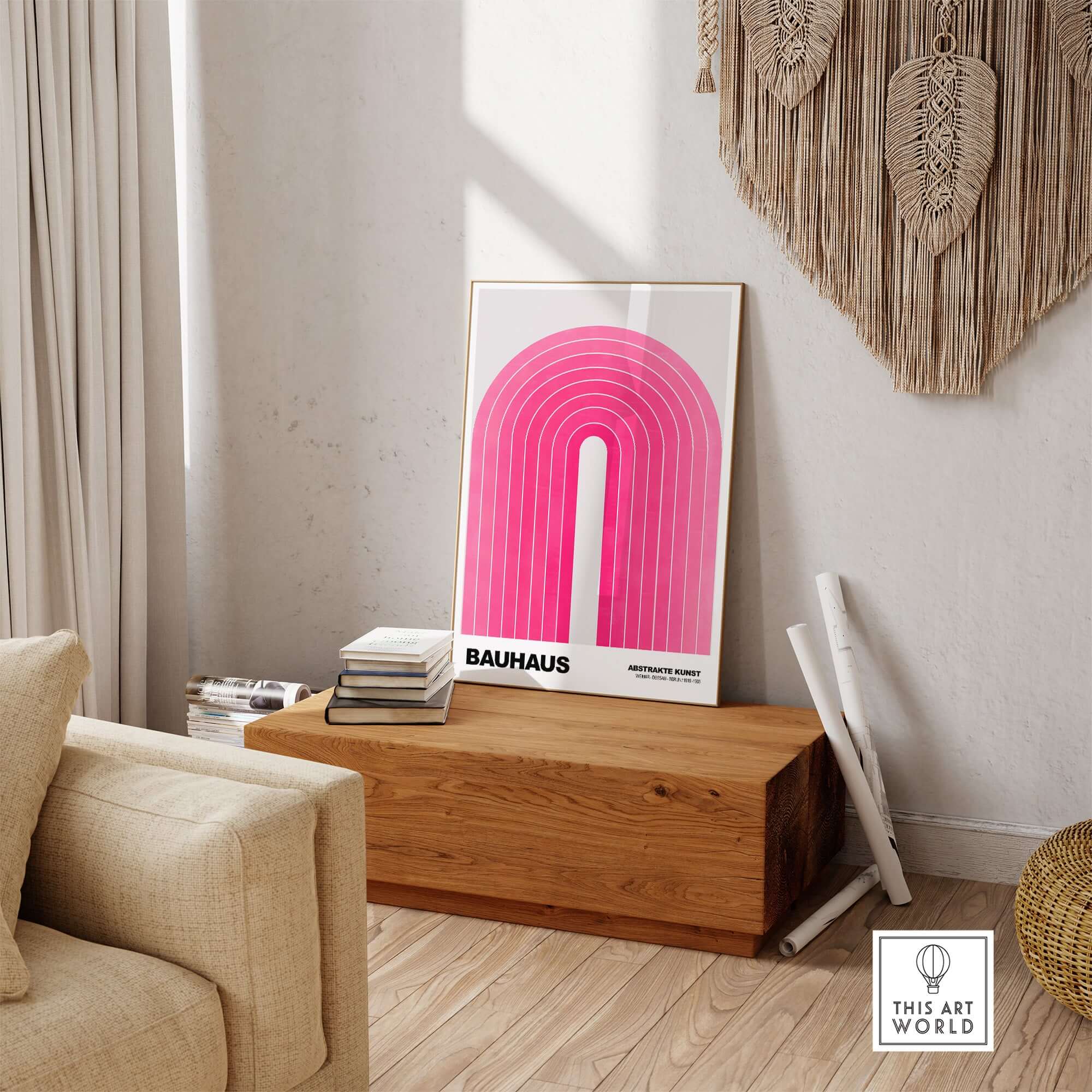Bauhaus Exhibition Prints - Concentric Pink Arch Poster Minimalist Geometric Art displayed in a modern interior setting.