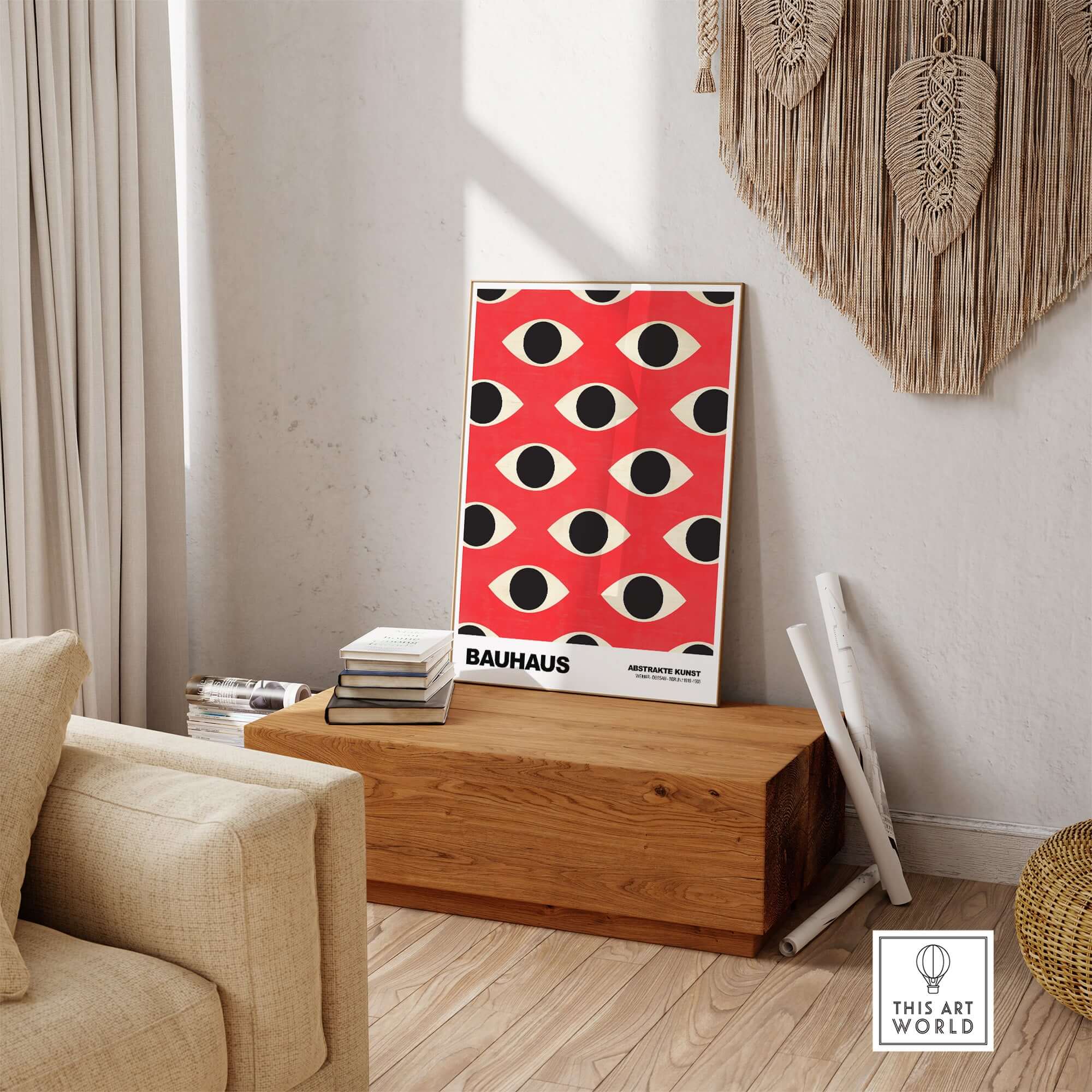 Bauhaus Exhibition Prints - Repeating Eyes Pattern Poster Red Black Cream Art displayed in modern home decor setting.