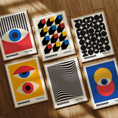 Bauhaus Exhibition Prints -  Optical Wave Lines Art Print Black Cream Abstract displayed in a dynamic arrangement of art posters.