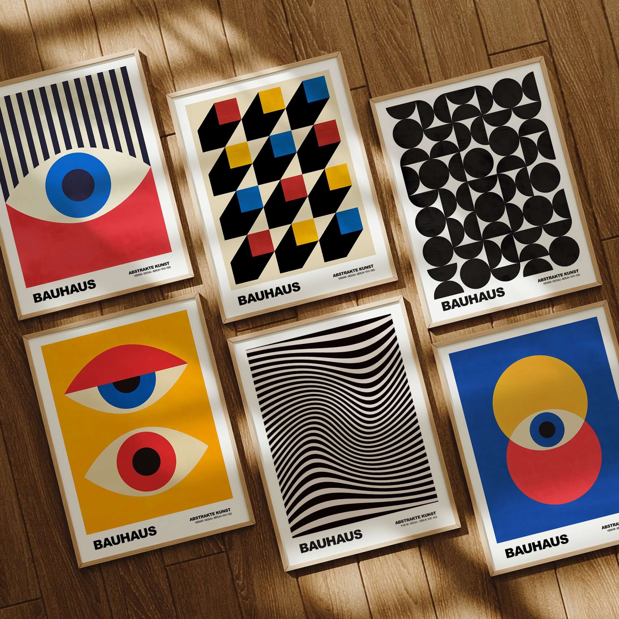 Bauhaus Exhibition Prints -  Optical Wave Lines Art Print Black Cream Abstract displayed in a dynamic arrangement of art posters.