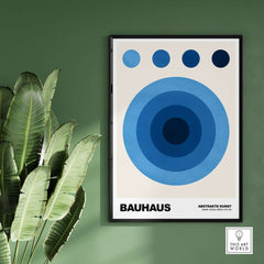 Bauhaus Exhibition Prints - Abstract Blue Circles Poster Geometric Design featuring concentric blue circles on cream background.