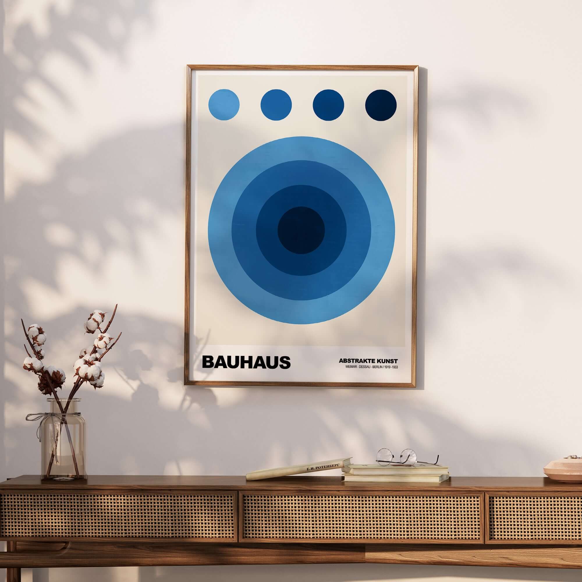 Bauhaus Exhibition Prints - Abstract Blue Circles Poster Geometric Design featuring concentric blue circles and a neutral background.