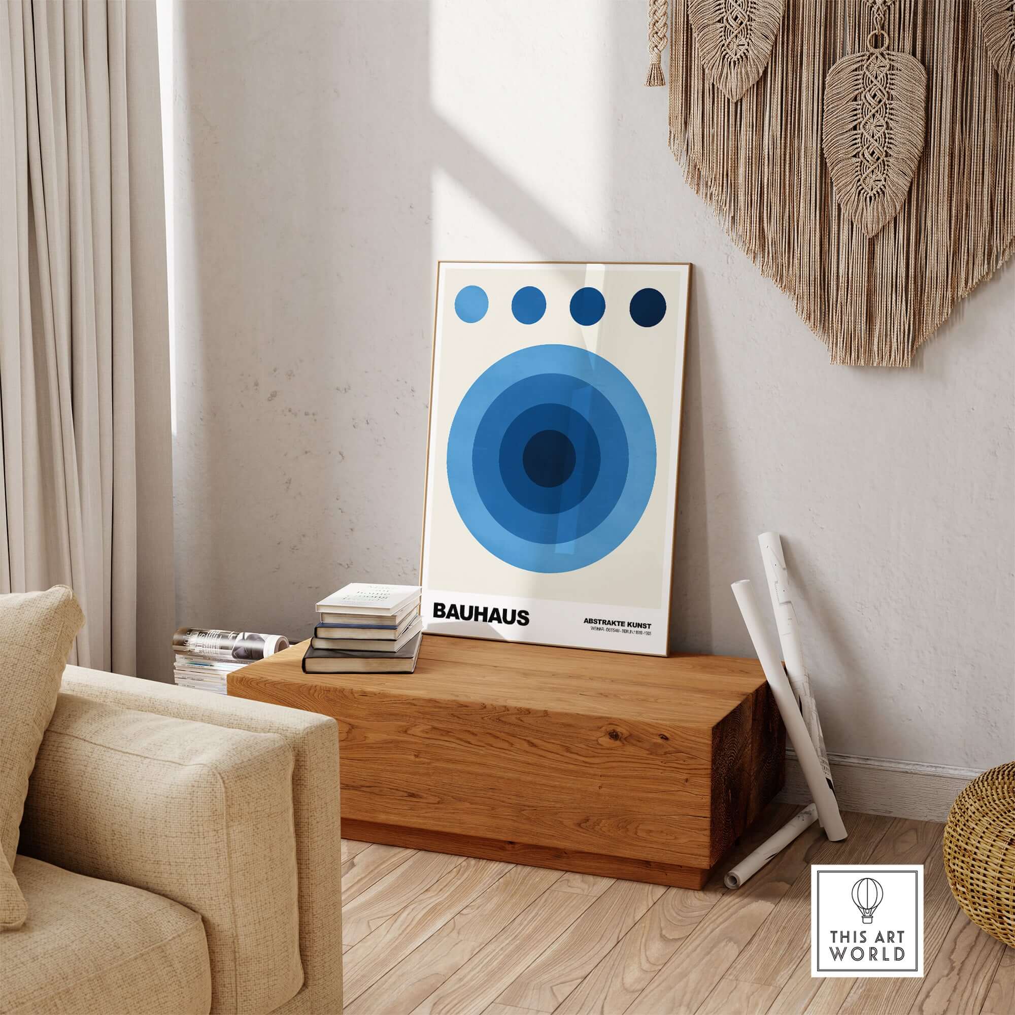 Bauhaus Exhibition Prints - Abstract Blue Circles Poster Geometric Design displayed in a stylish interior with cream and wood elements.