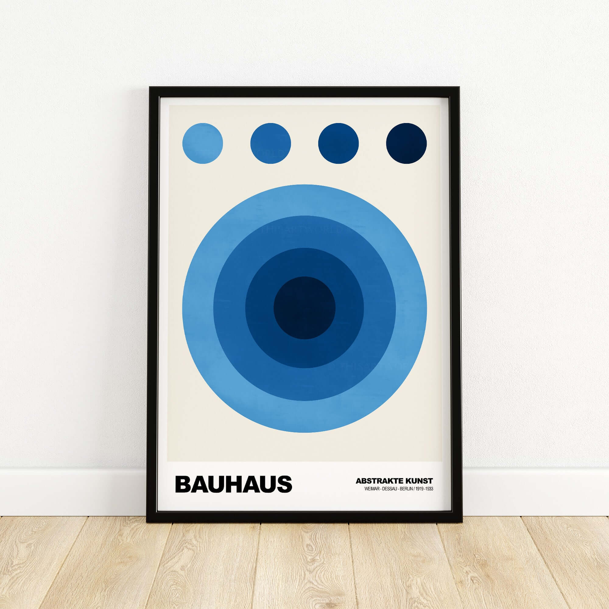 Bauhaus Exhibition Prints - Abstract Blue Circles Poster Geometric Design featuring concentric blue circles on a cream background.