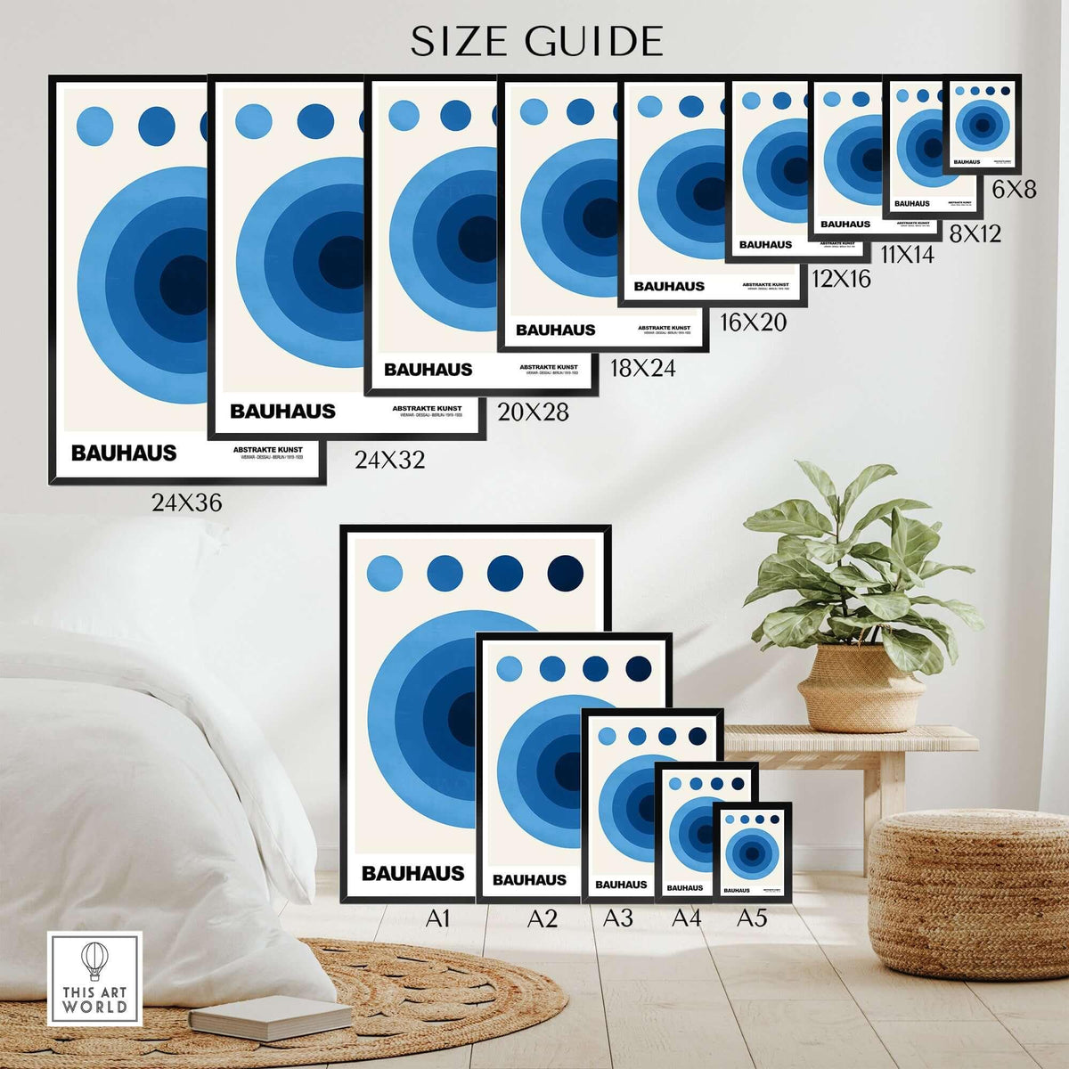 Bauhaus Exhibition Prints - Abstract Blue Circles Poster Geometric Design size guide display in stylish room.