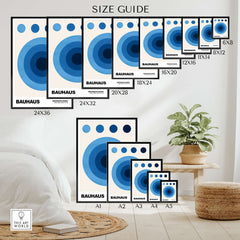 Bauhaus Exhibition Prints - Abstract Blue Circles Poster Geometric Design size guide display in stylish room.