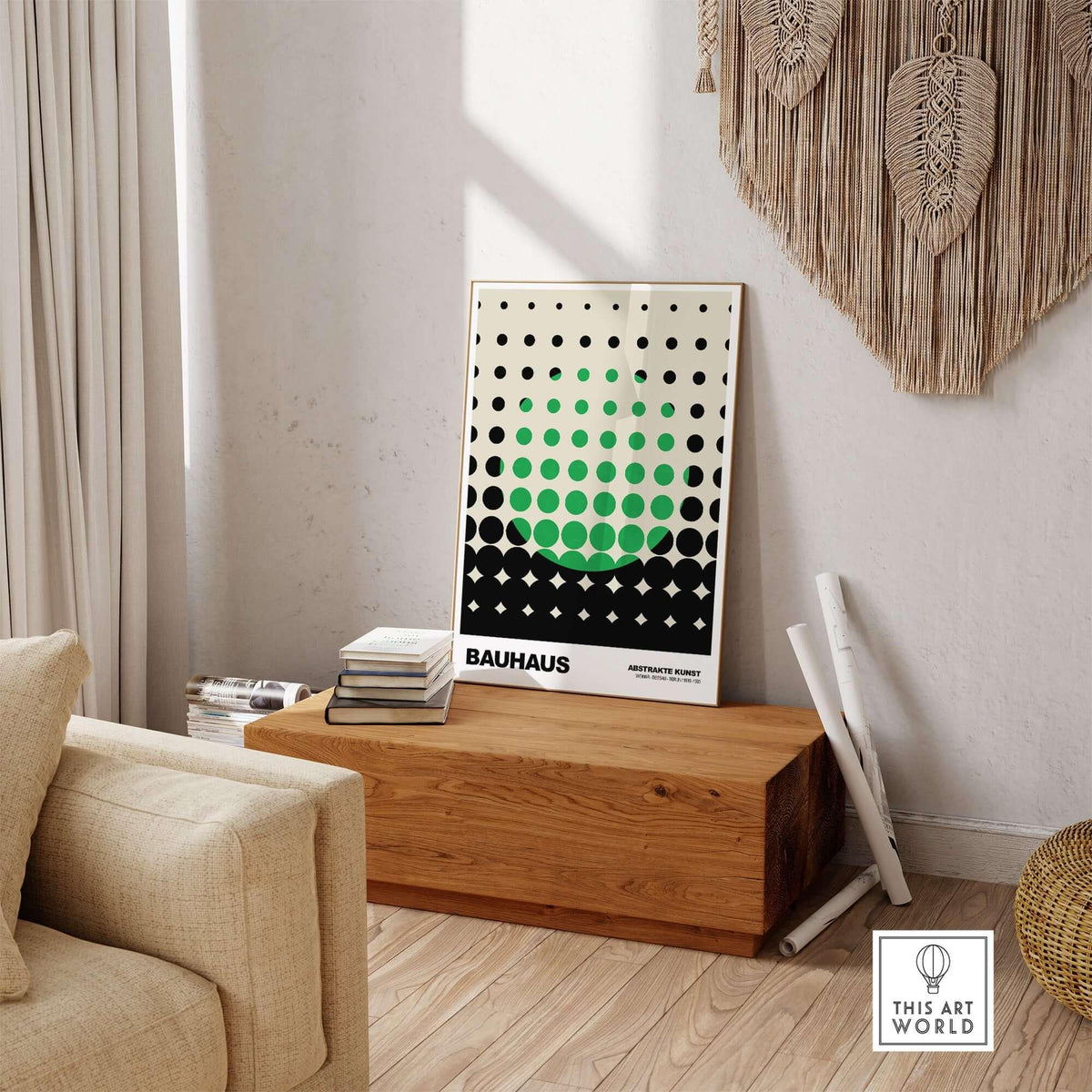 Bauhaus Exhibition Prints - Abstract Circle Pattern Art Print Green Black Dot Gradient displayed in a modern interior setting.
