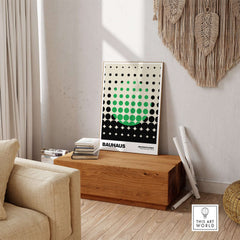 Bauhaus Exhibition Prints - Abstract Circle Pattern Art Print Green Black Dot Gradient displayed in a modern interior setting.