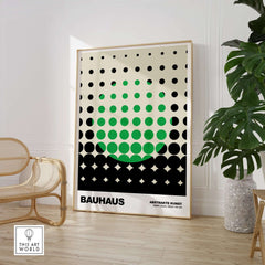 Bauhaus Exhibition Prints - Abstract Circle Pattern Art Print Green Black Dot Gradient displayed in a modern interior setting.