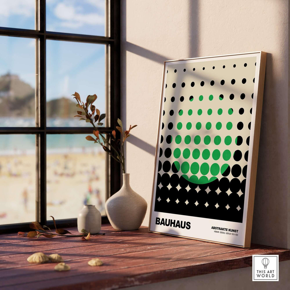 Bauhaus Exhibition Prints - Abstract Circle Pattern Art Print Green Black Dot Gradient displayed in a bright room by the window.