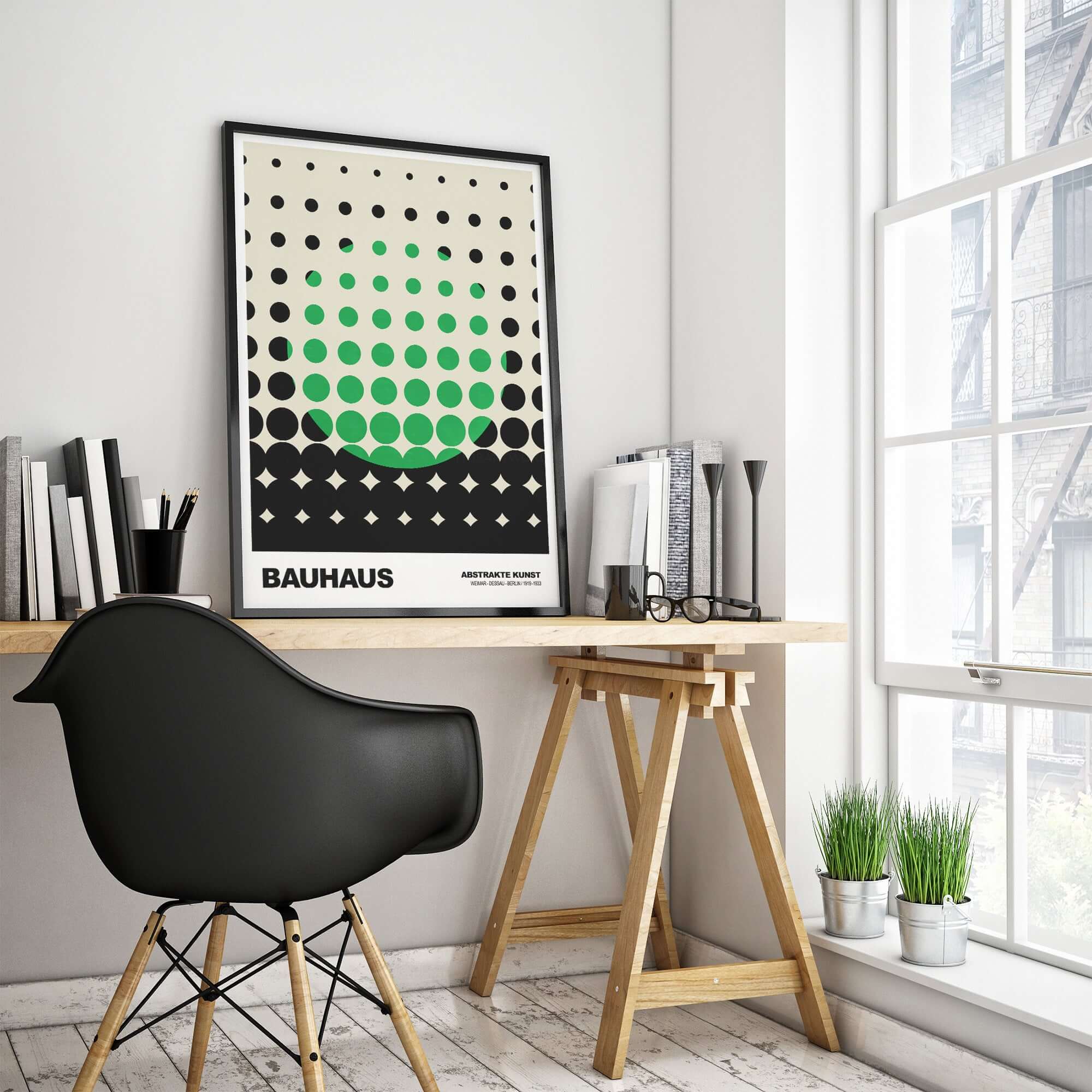 Bauhaus Exhibition Prints - Abstract Circle Pattern Art Print Green Black Dot Gradient displayed in a modern workspace.