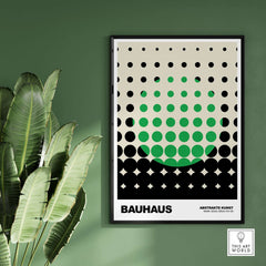 Bauhaus Exhibition Prints - Abstract Circle Pattern Art Print Green Black Dot Gradient displayed on a green wall.