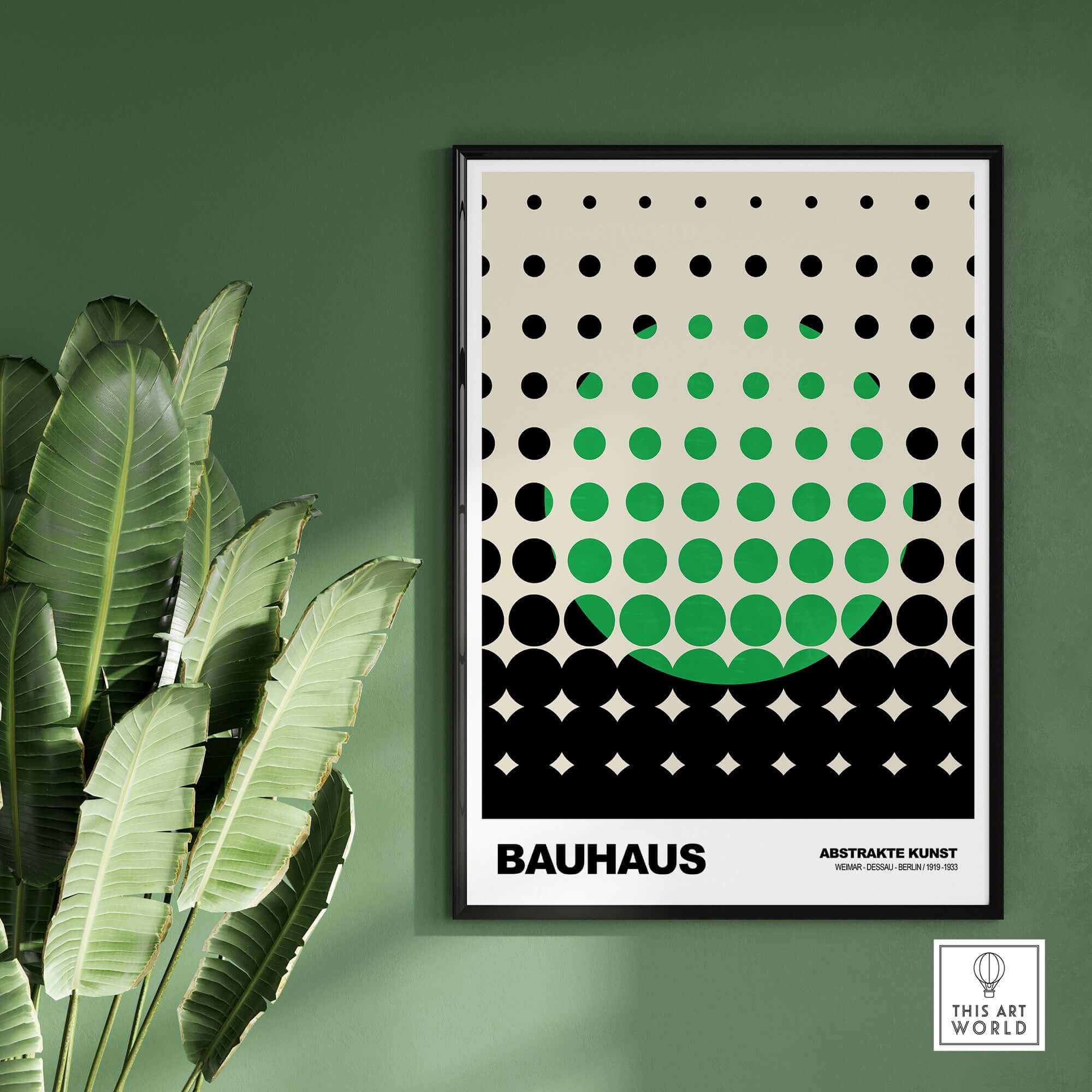 Bauhaus Exhibition Prints - Abstract Circle Pattern Art Print Green Black Dot Gradient displayed on a green wall.