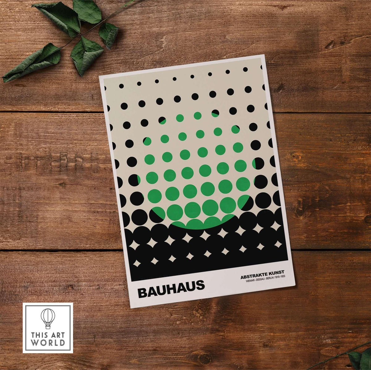 Bauhaus Exhibition Prints - Abstract Circle Pattern Art Print Green Black Dot Gradient on a wooden background.