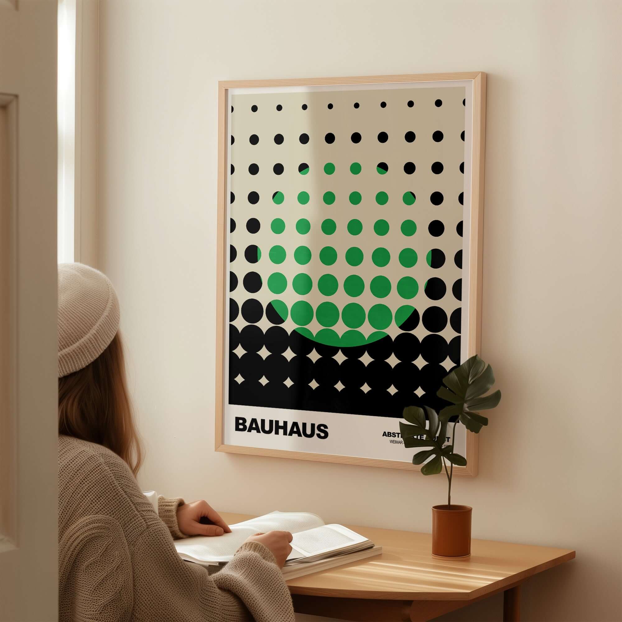 Bauhaus Exhibition Prints - Abstract Circle Pattern Art Print Green Black Dot Gradient showcased in a modern interior setting.