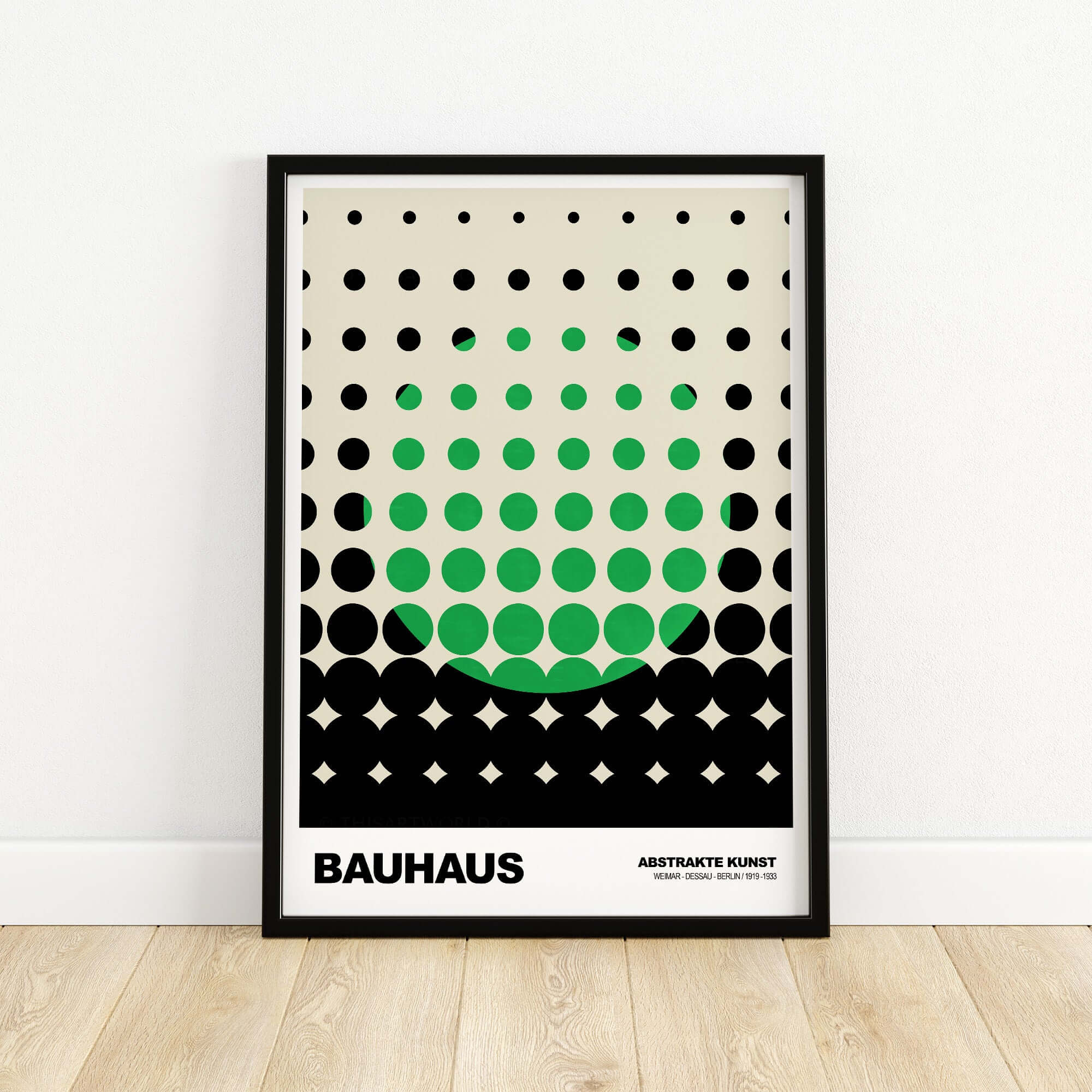 Bauhaus Exhibition Prints - Abstract Circle Pattern Art Print Green Black Dot Gradient framed on a wall