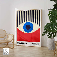 Bauhaus Exhibition Prints - Abstract Eye Art Print Geometric Red Blue Design displayed in modern interior.