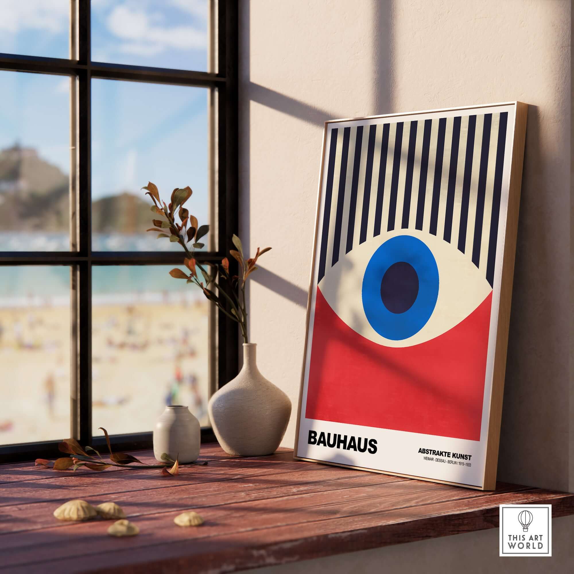 Bauhaus Exhibition Prints - Abstract Eye Art Print Geometric Red Blue Design displayed near a window.