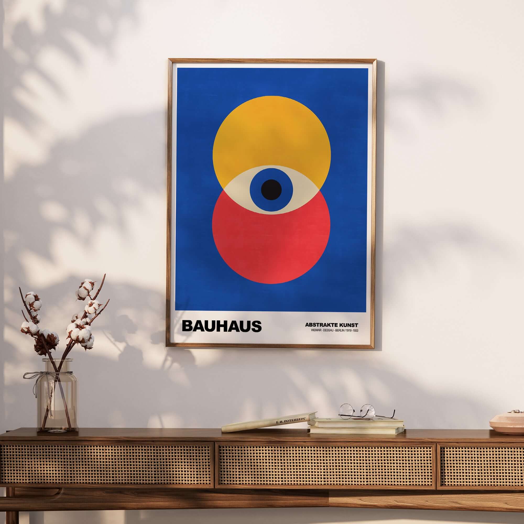 Bauhaus Exhibition Prints - Abstract Eye Circles Poster - Blue Yellow Red Primary Art displayed in a modern interior.