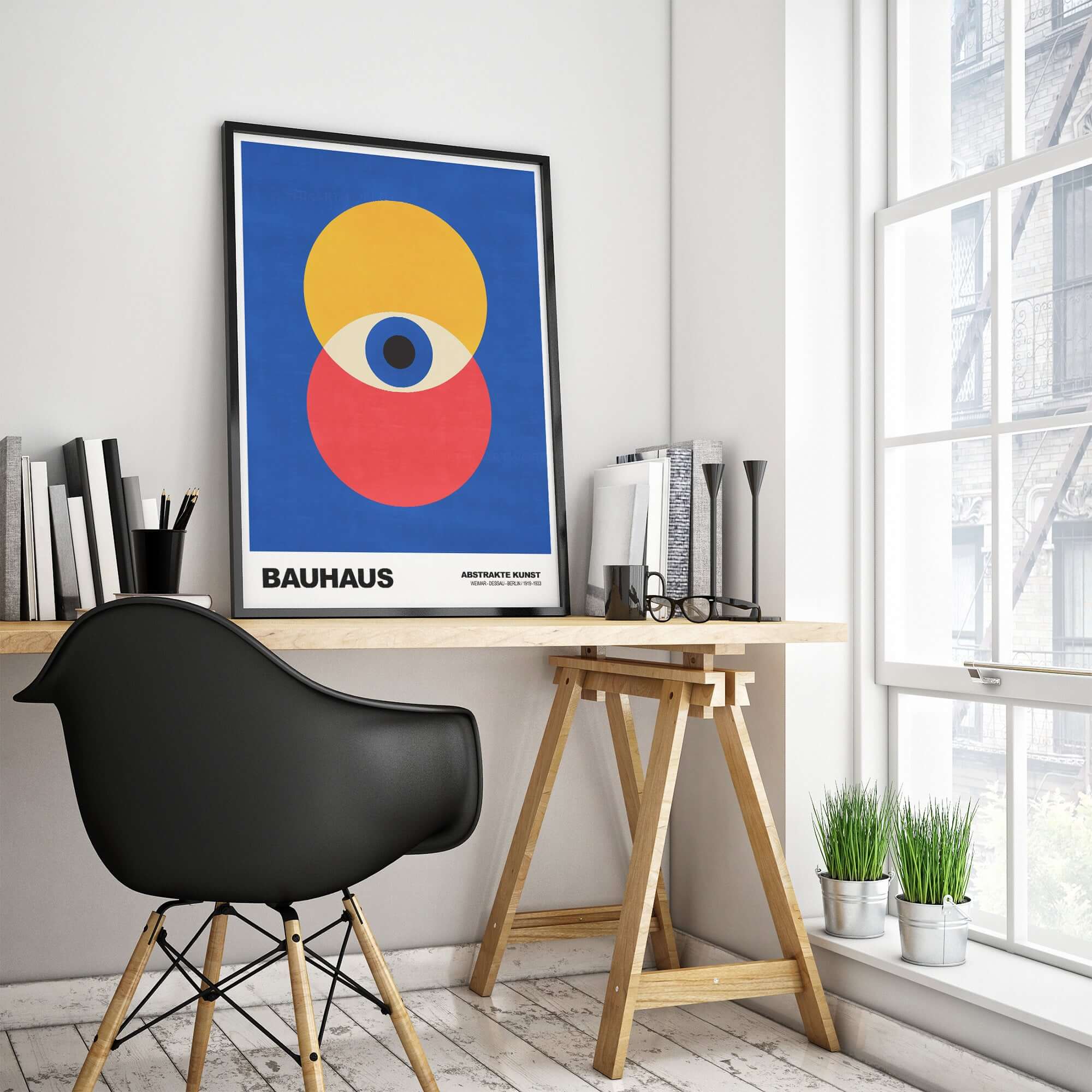 Bauhaus Exhibition Prints - Abstract Eye Circles Poster - Blue Yellow Red Primary Art in modern interior setting.