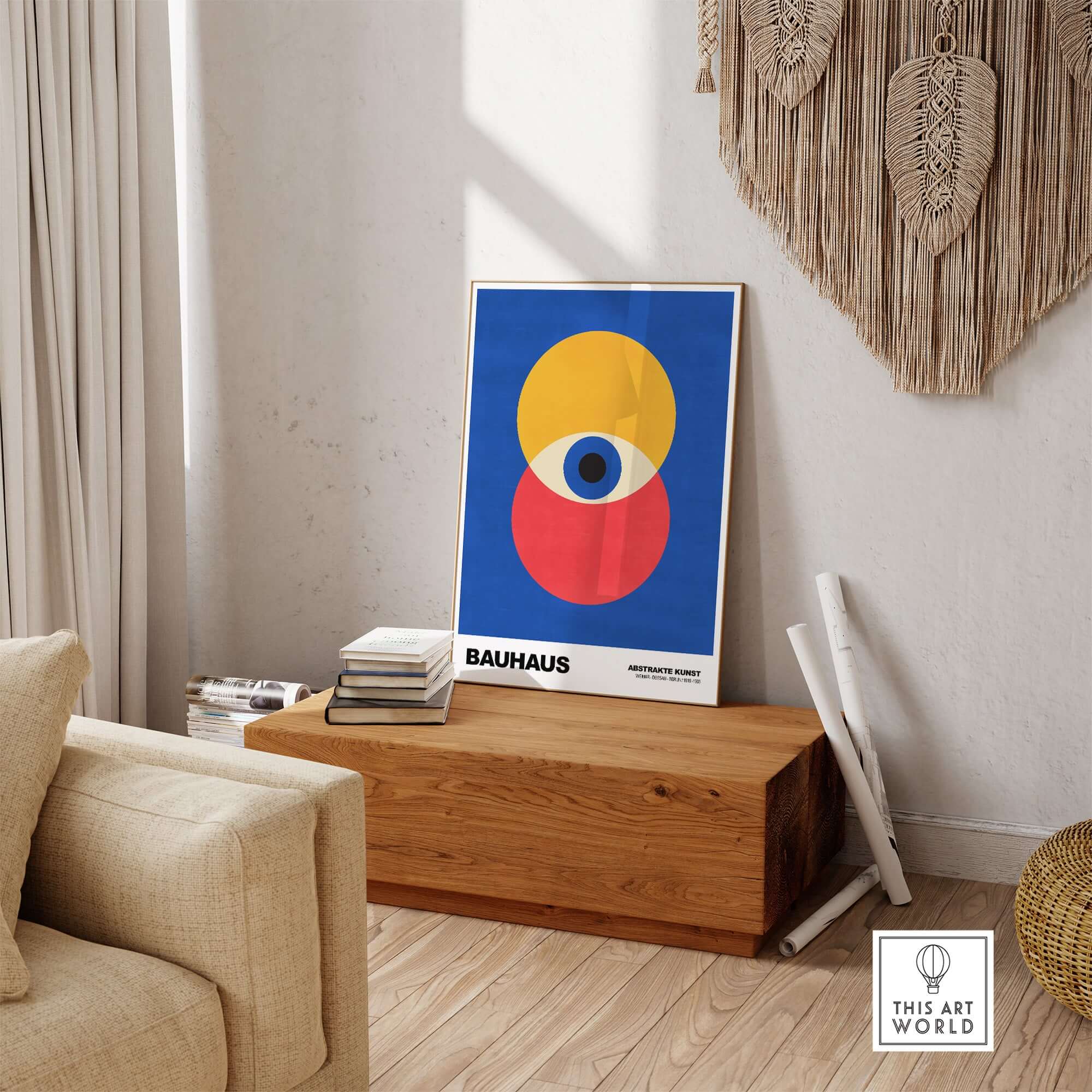 Bauhaus Exhibition Prints - Abstract Eye Circles Poster - Blue Yellow Red Primary Art displayed in a modern living room setting.
