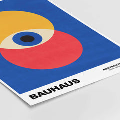 Bauhaus Exhibition Prints - Abstract Eye Circles Poster - Blue Yellow Red Primary Art featuring bold colors on a blue background