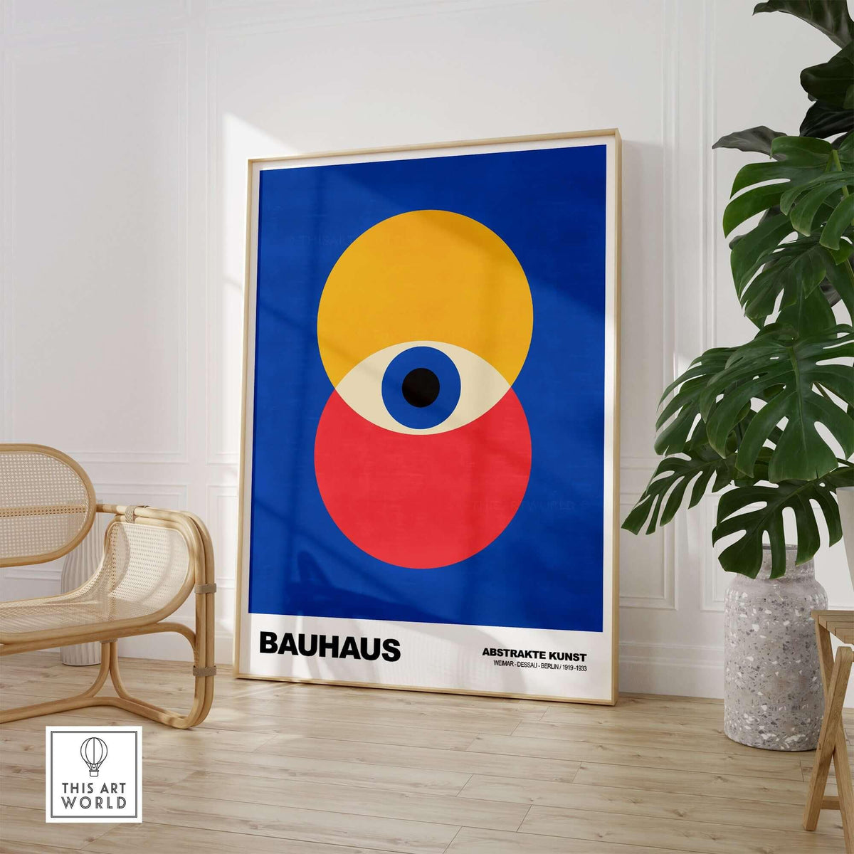 Bauhaus Exhibition Prints - Abstract Eye Circles Poster - Blue Yellow Red Primary Art displayed in a modern living space.