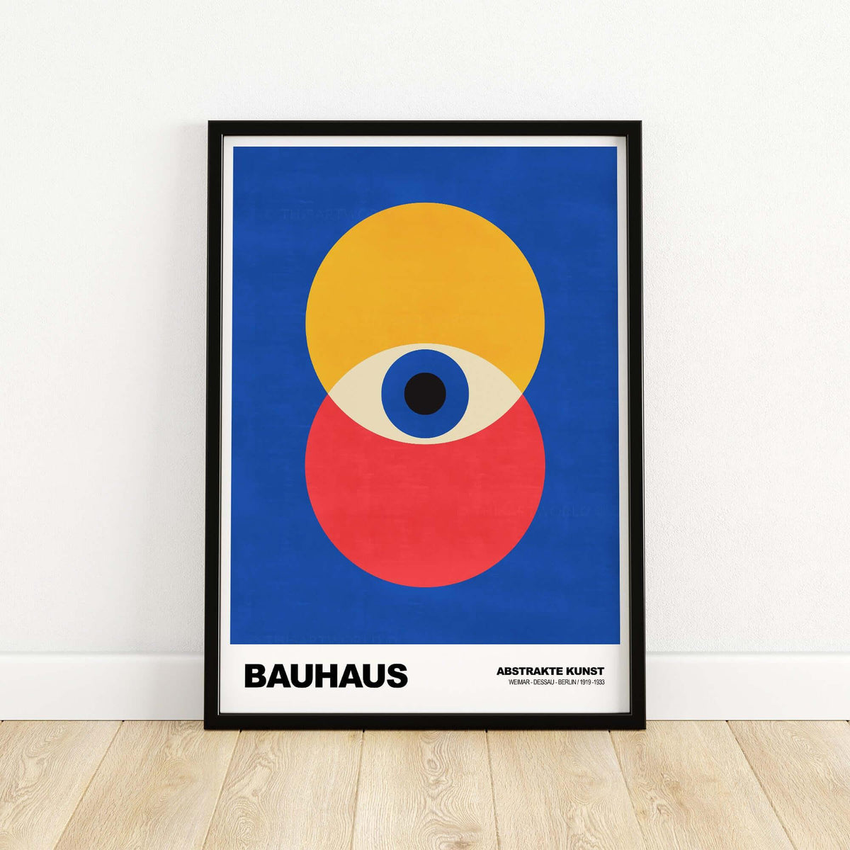 Bauhaus Exhibition Prints - Abstract Eye Circles Poster - Blue Yellow Red Primary Art showcasing vibrant colour theory in design.