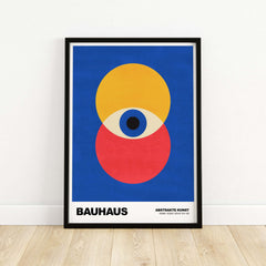 Bauhaus Exhibition Prints - Abstract Eye Circles Poster - Blue Yellow Red Primary Art showcasing vibrant colour theory in design.
