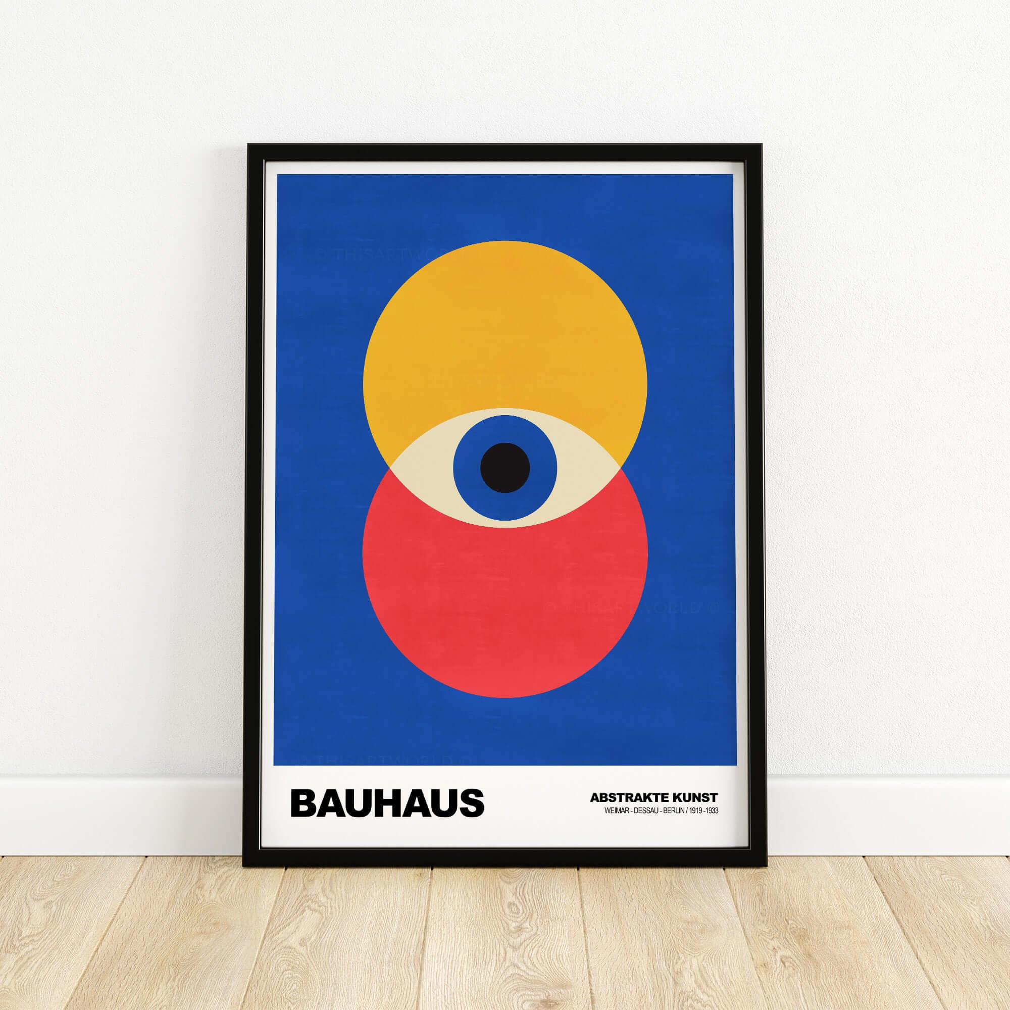 Bauhaus Exhibition Prints - Abstract Eye Circles Poster - Blue Yellow Red Primary Art showcasing vibrant colour theory in design.