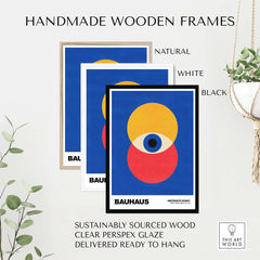 Bauhaus Exhibition Prints - Abstract Eye Circles Poster - Blue Yellow Red Primary Art displayed in handmade wooden frames.