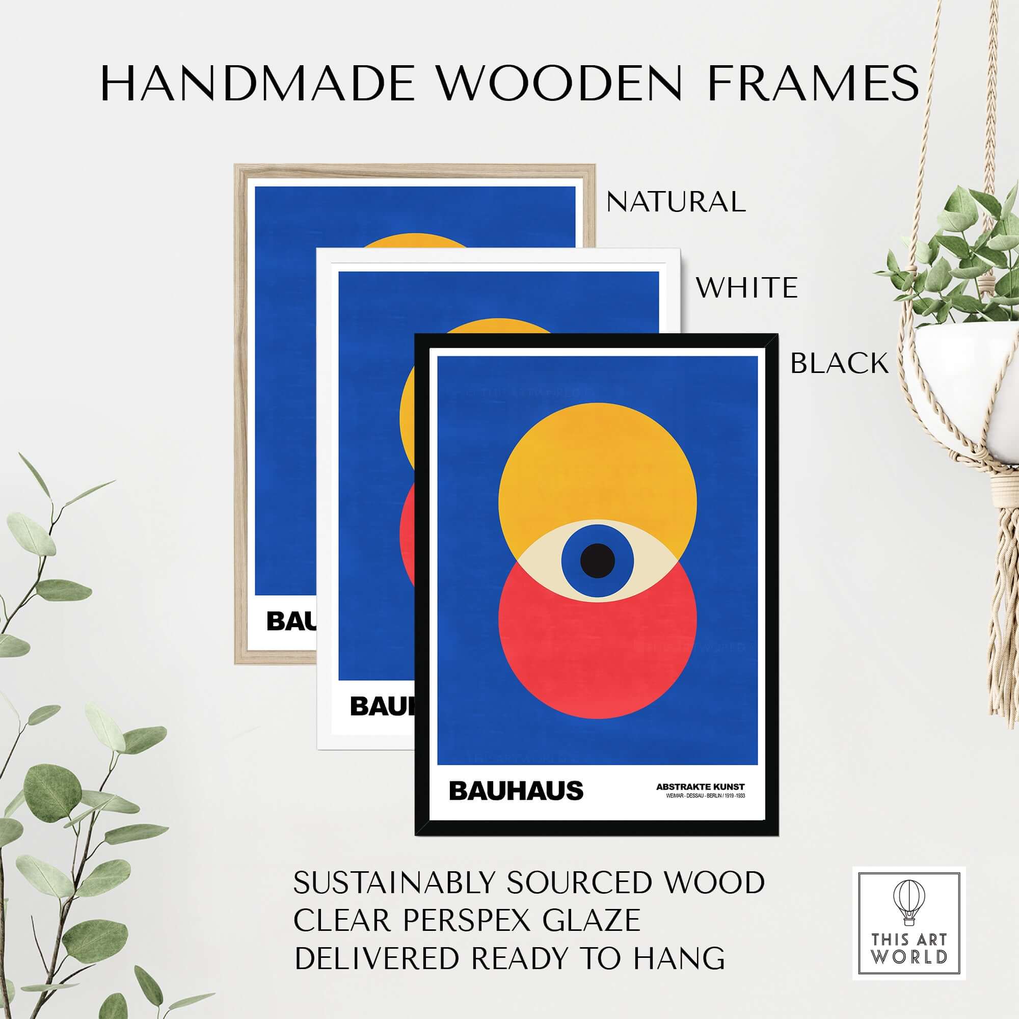 Bauhaus Exhibition Prints - Abstract Eye Circles Poster - Blue Yellow Red Primary Art displayed in handmade wooden frames.