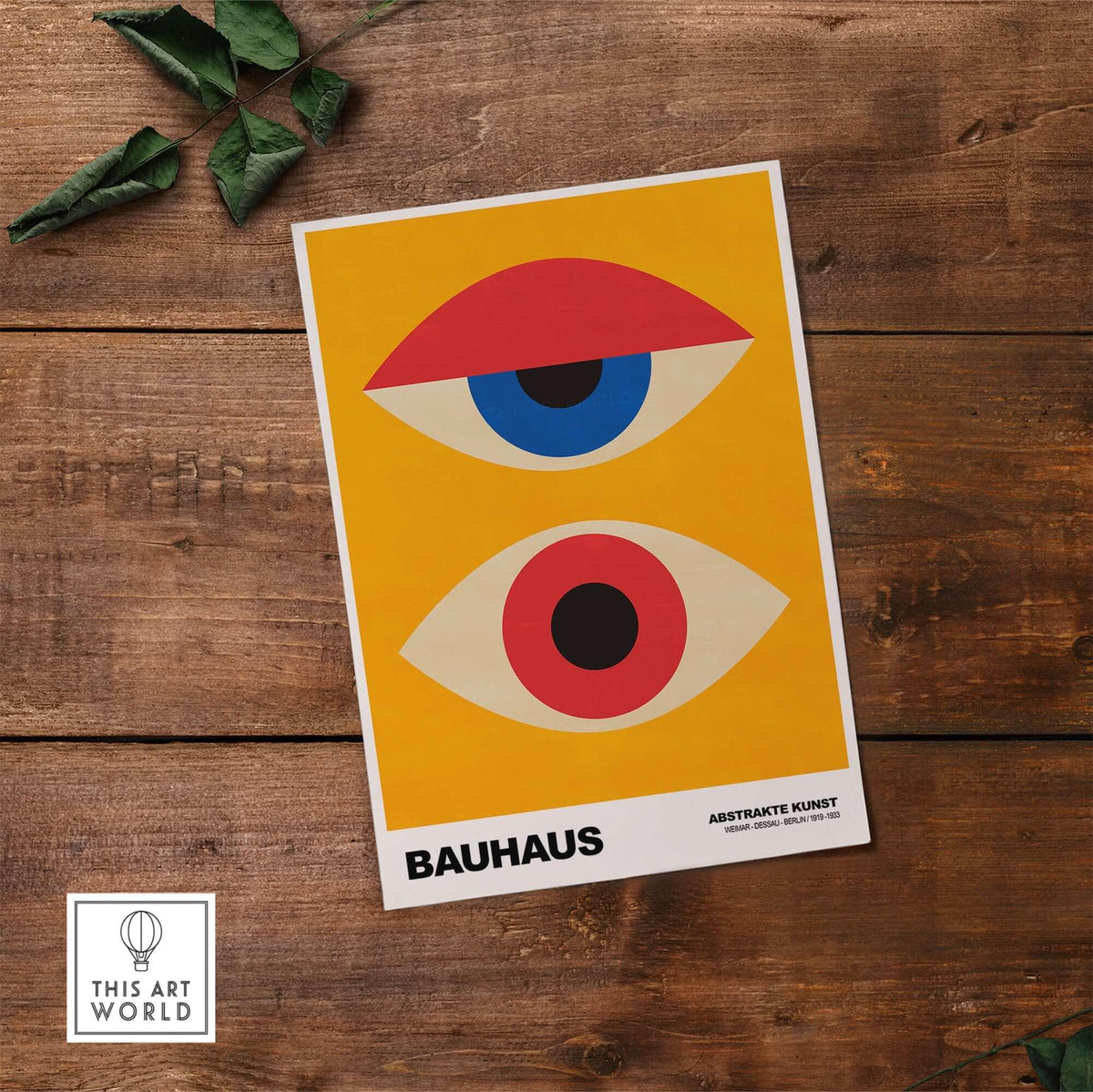 Bauhaus Exhibition Prints - Abstract Eyes Poster Geometric Orange Red Blue Art on wood background.