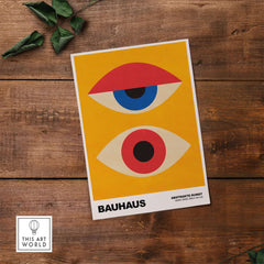 Bauhaus Exhibition Prints - Abstract Eyes Poster Geometric Orange Red Blue Art on wood background.