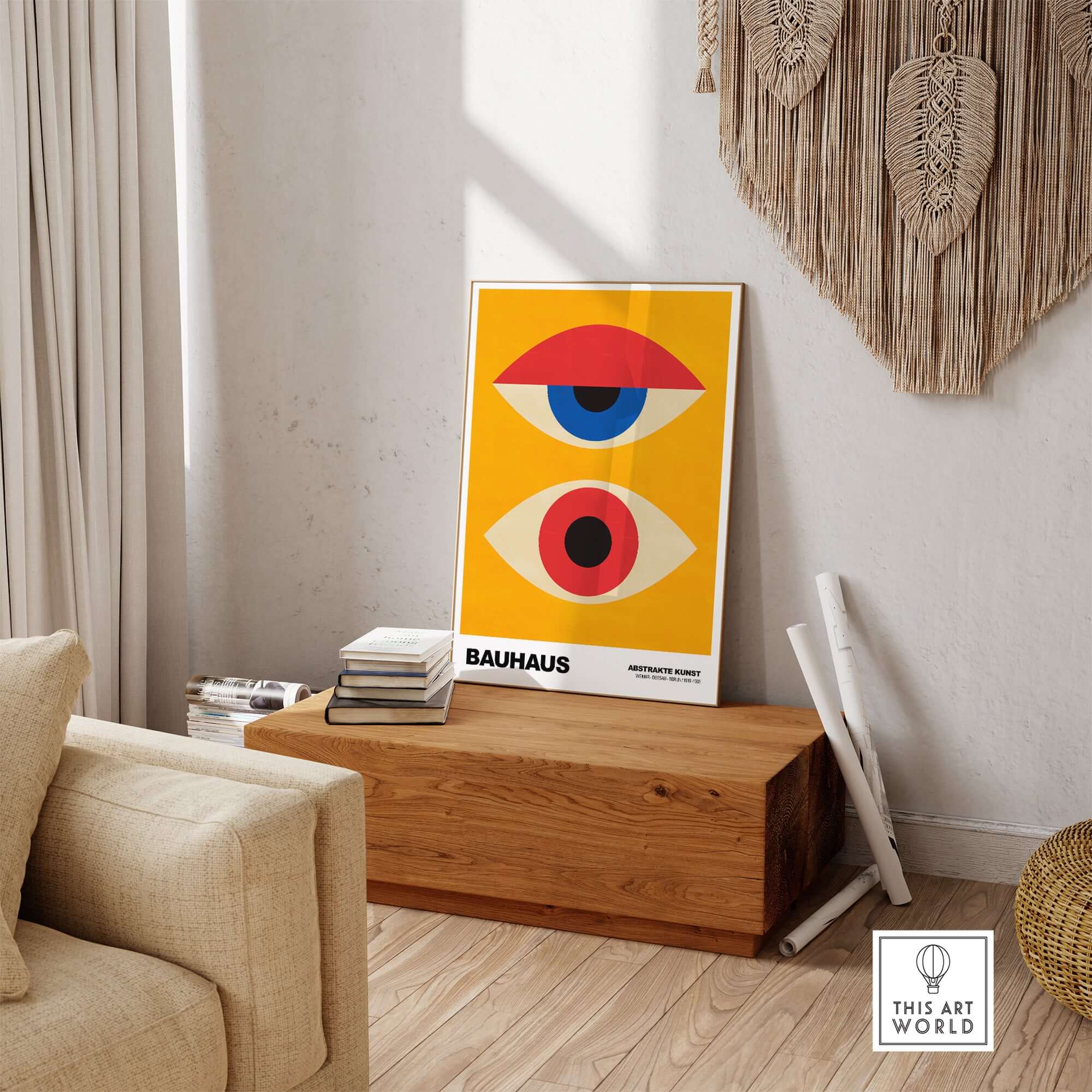 Bauhaus Exhibition Prints - Abstract Eyes Poster Geometric Orange Red Blue Art displayed in a modern interior.