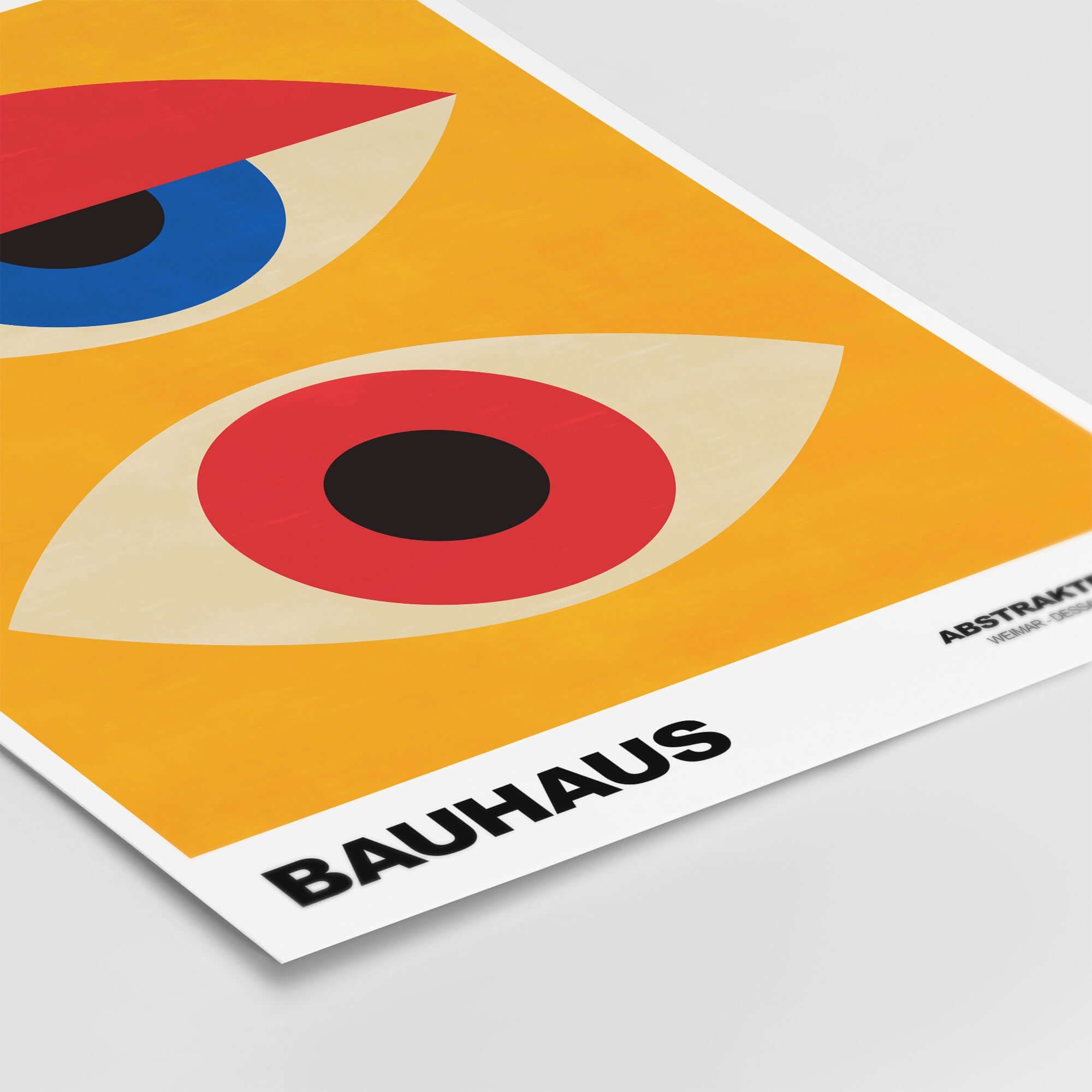 Bauhaus Exhibition Prints - Abstract Eyes Poster Geometric Orange Red Blue Art featuring two abstract eyes on a vibrant background.