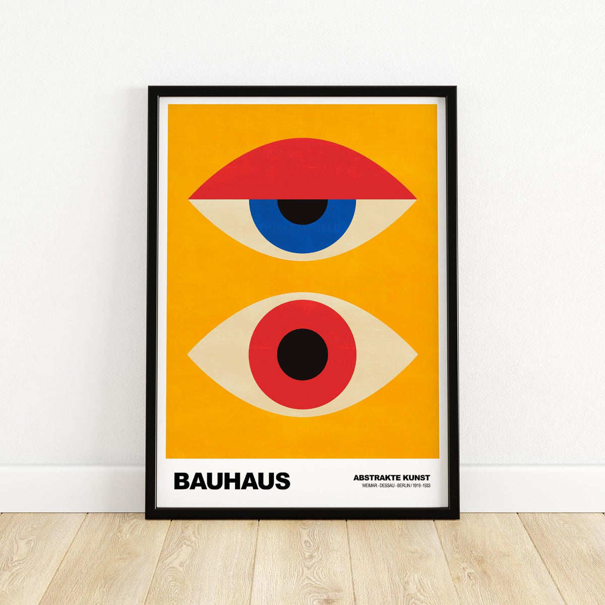 Bauhaus Exhibition Prints - Abstract Eyes Poster Geometric Orange Red Blue Art on display against a vibrant orange background.