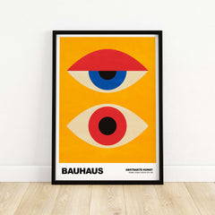 Bauhaus Exhibition Prints - Abstract Eyes Poster Geometric Orange Red Blue Art on display against a vibrant orange background.