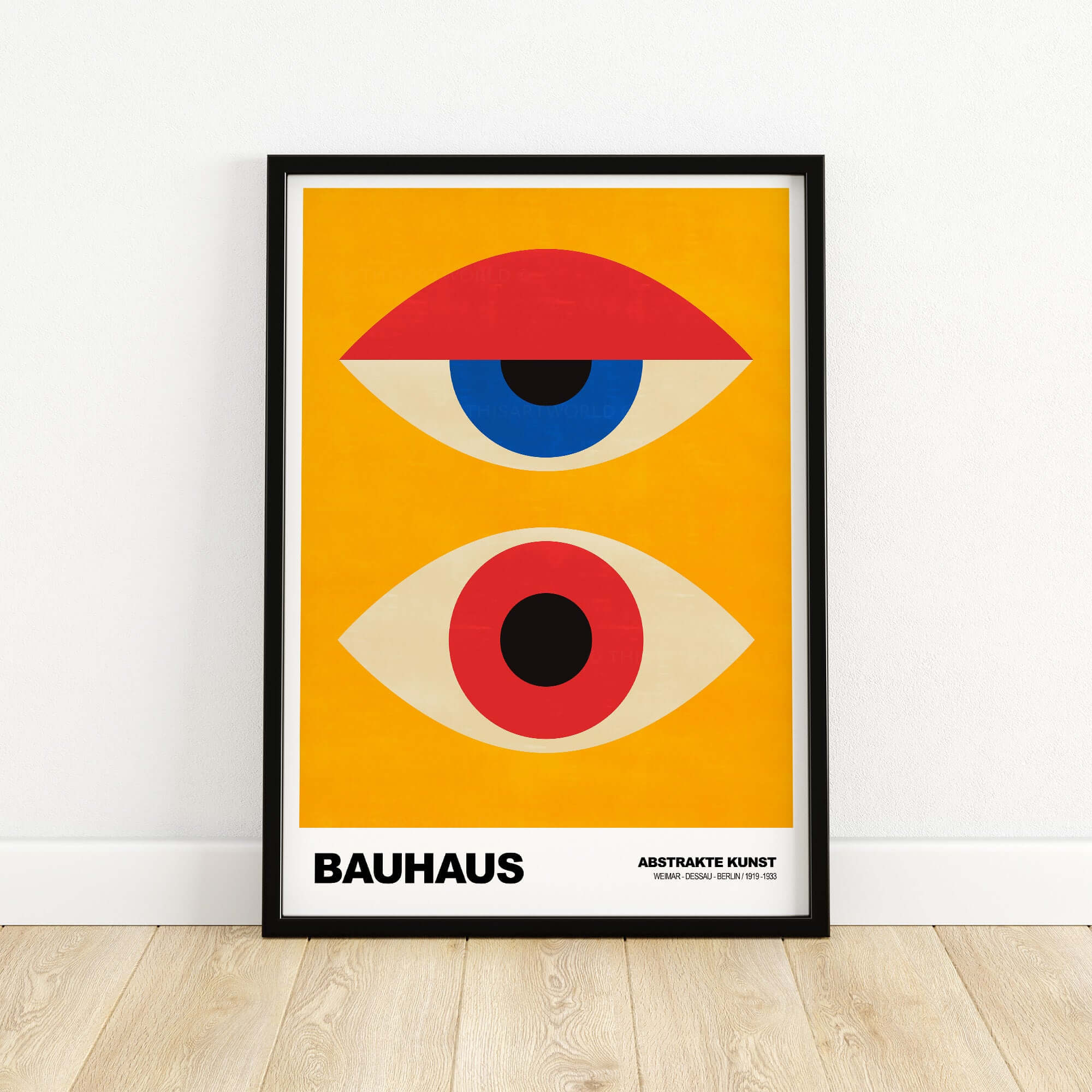 Bauhaus Exhibition Prints - Abstract Eyes Poster Geometric Orange Red Blue Art on display against a vibrant orange background.