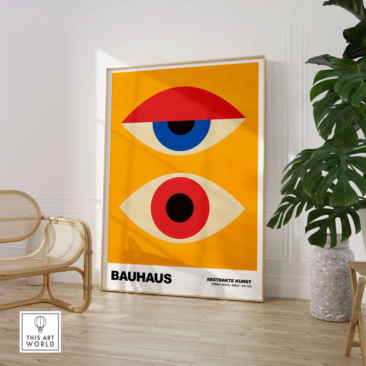 Bauhaus Exhibition Prints - Abstract Eyes Poster Geometric Orange Red Blue Art displayed in modern interior setting.