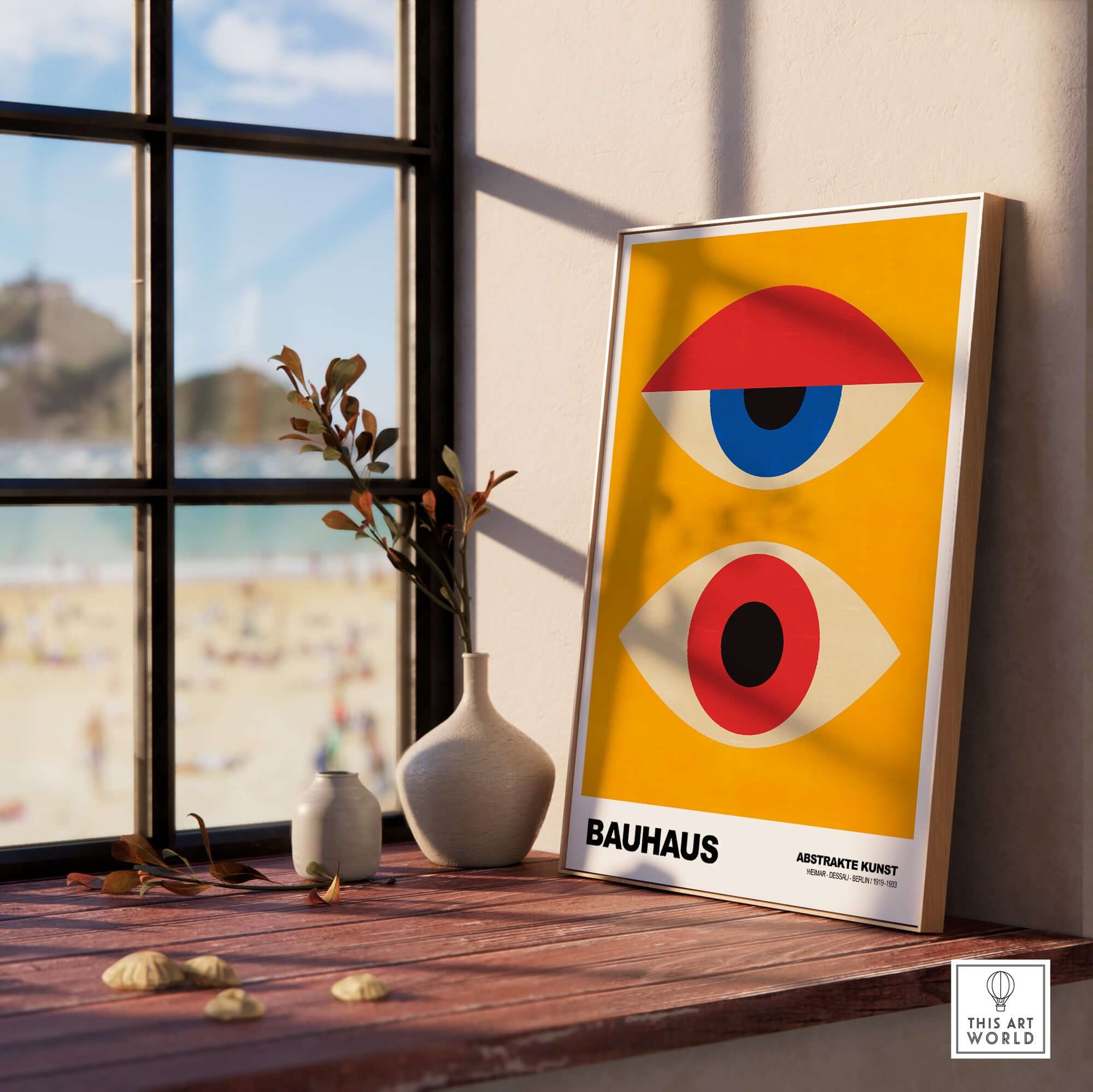 Bauhaus Exhibition Prints - Abstract Eyes Poster Geometric Orange Red Blue Art displayed in a stylish interior setting.