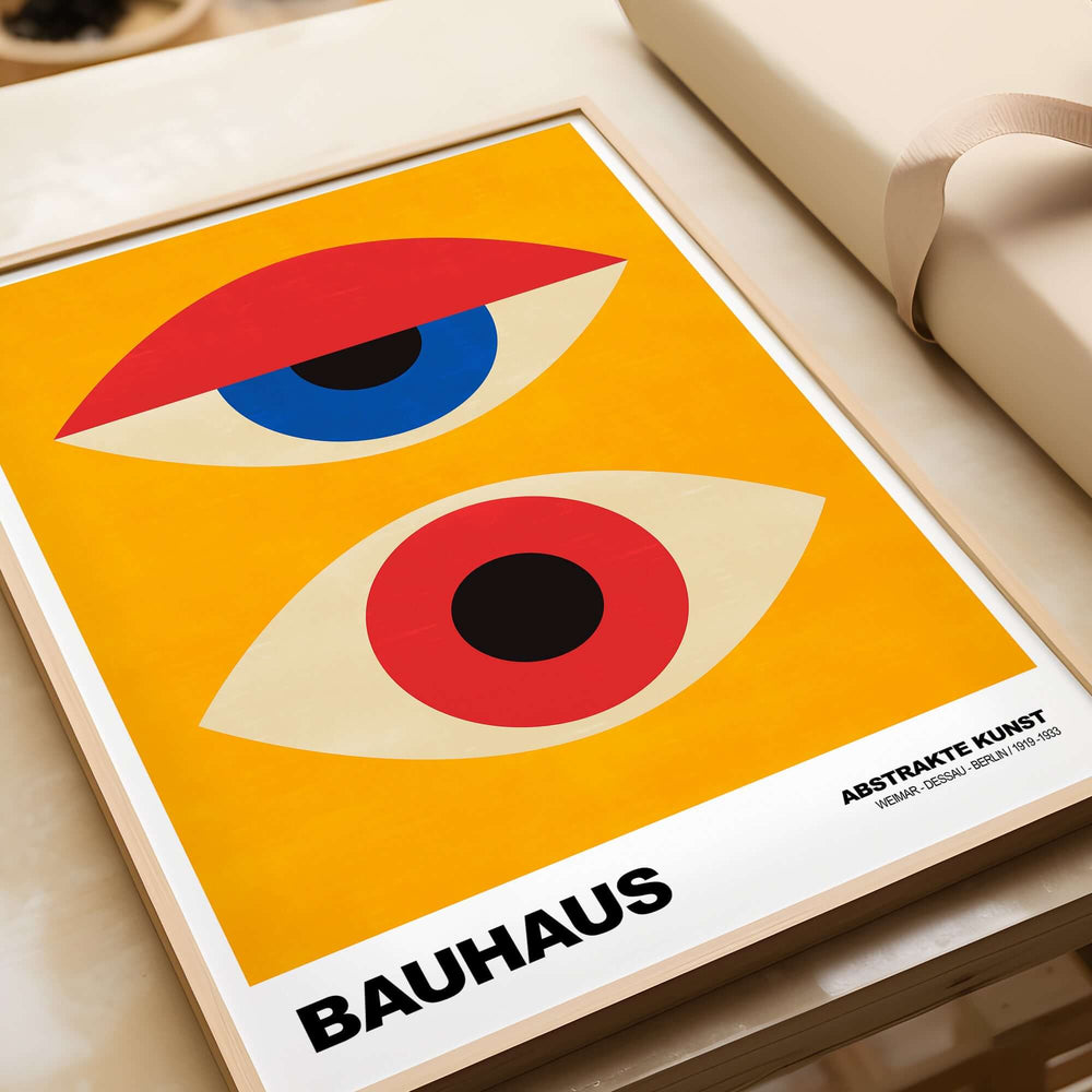 Bauhaus Exhibition Prints - Abstract Eyes Poster Geometric Orange Red Blue Art showcasing geometric eyes on a vibrant yellow background.