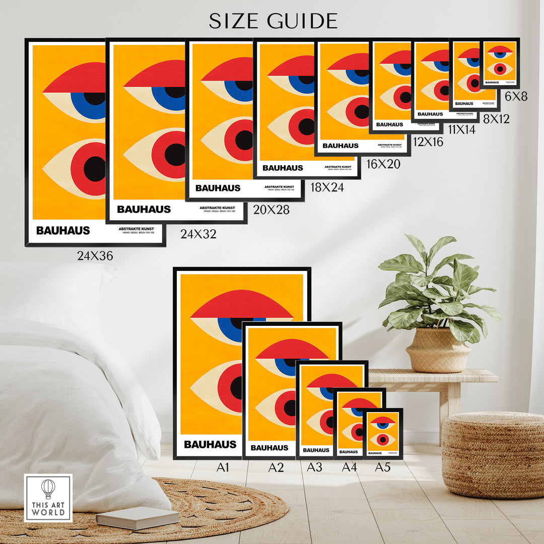 Size guide for Bauhaus abstract eyes poster prints in multiple sizes on a stylish interior display.