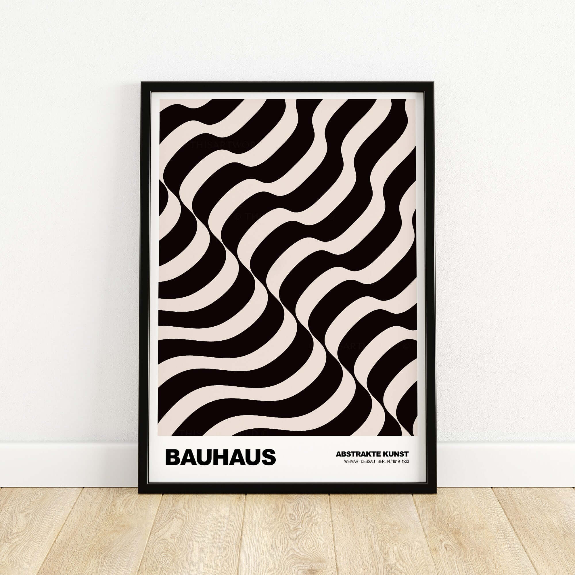 Bauhaus Exhibition Prints - Thick Undulating Waves Poster Black Cream Abstract Art displayed in a black frame on wooden floor.