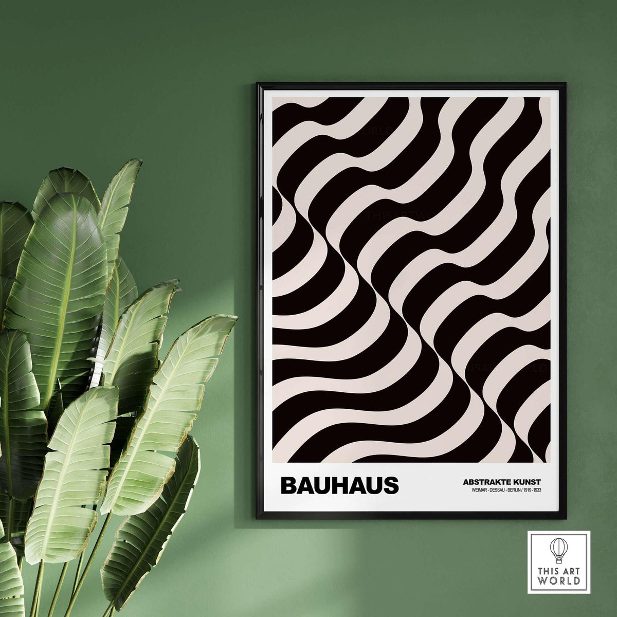 Bauhaus Exhibition Prints - Thick Undulating Waves Poster Black Cream Abstract Art framed in a modern setting with greenery.