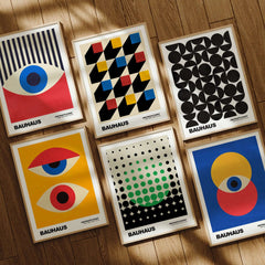 Bauhaus Exhibition Prints - Abstract Circle Pattern Art Print Green Black Dot Gradient displayed in frames on a wooden floor.