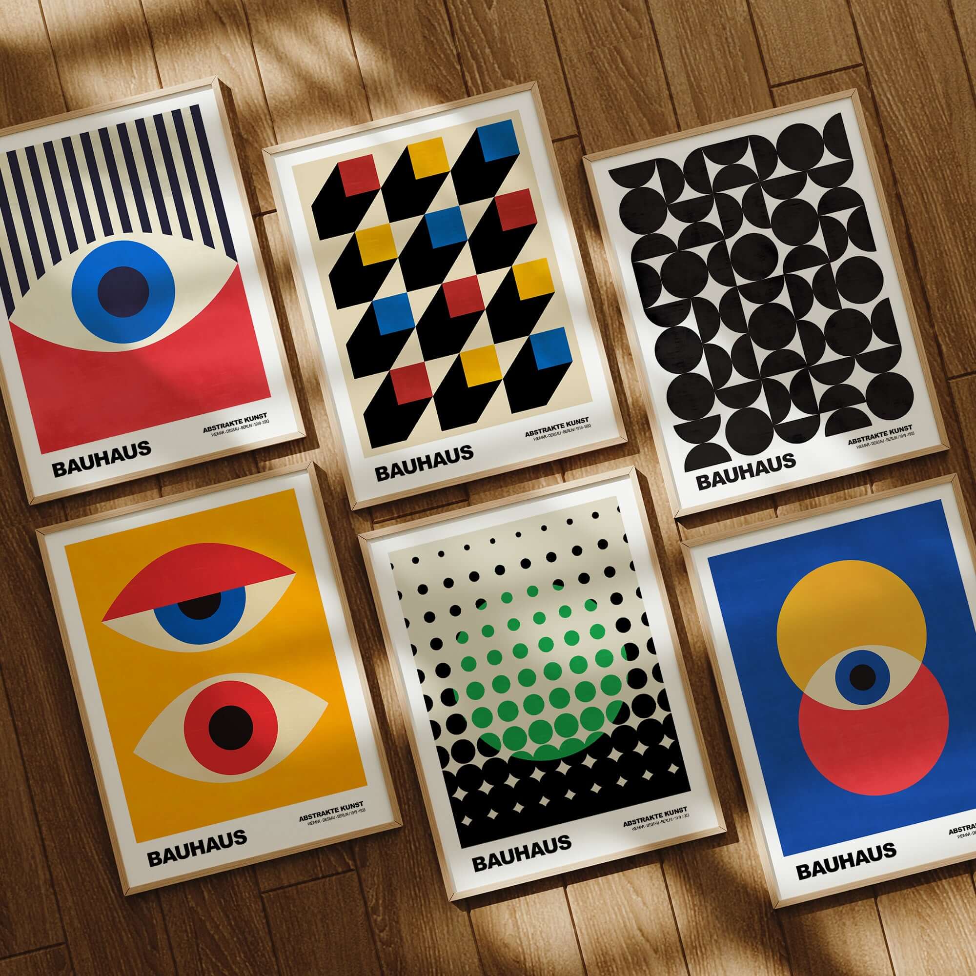 Bauhaus Exhibition Prints - Abstract Circle Pattern Art Print Green Black Dot Gradient displayed in frames on a wooden floor.